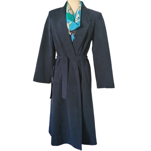 Vintage Lilli Ann Blue Ultra Suede Open Front Tie Waist Midi Coat Union Label - Picture 1 of 5